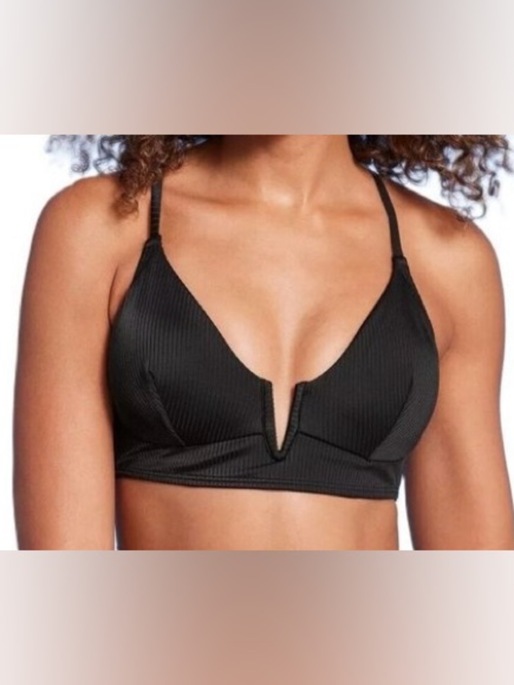 Shade & Shore Black Longline Ribbed V-Notch Bikini Top Size 38D